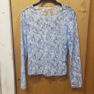 SHEIN Long-sleeved sheer lace top with a light blue and purple floral pattern 6